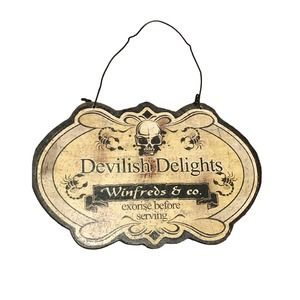 Vintage Halloween Hanging Wood‎ Sign Devilish Delights Winifred & Co Hocus Pocus